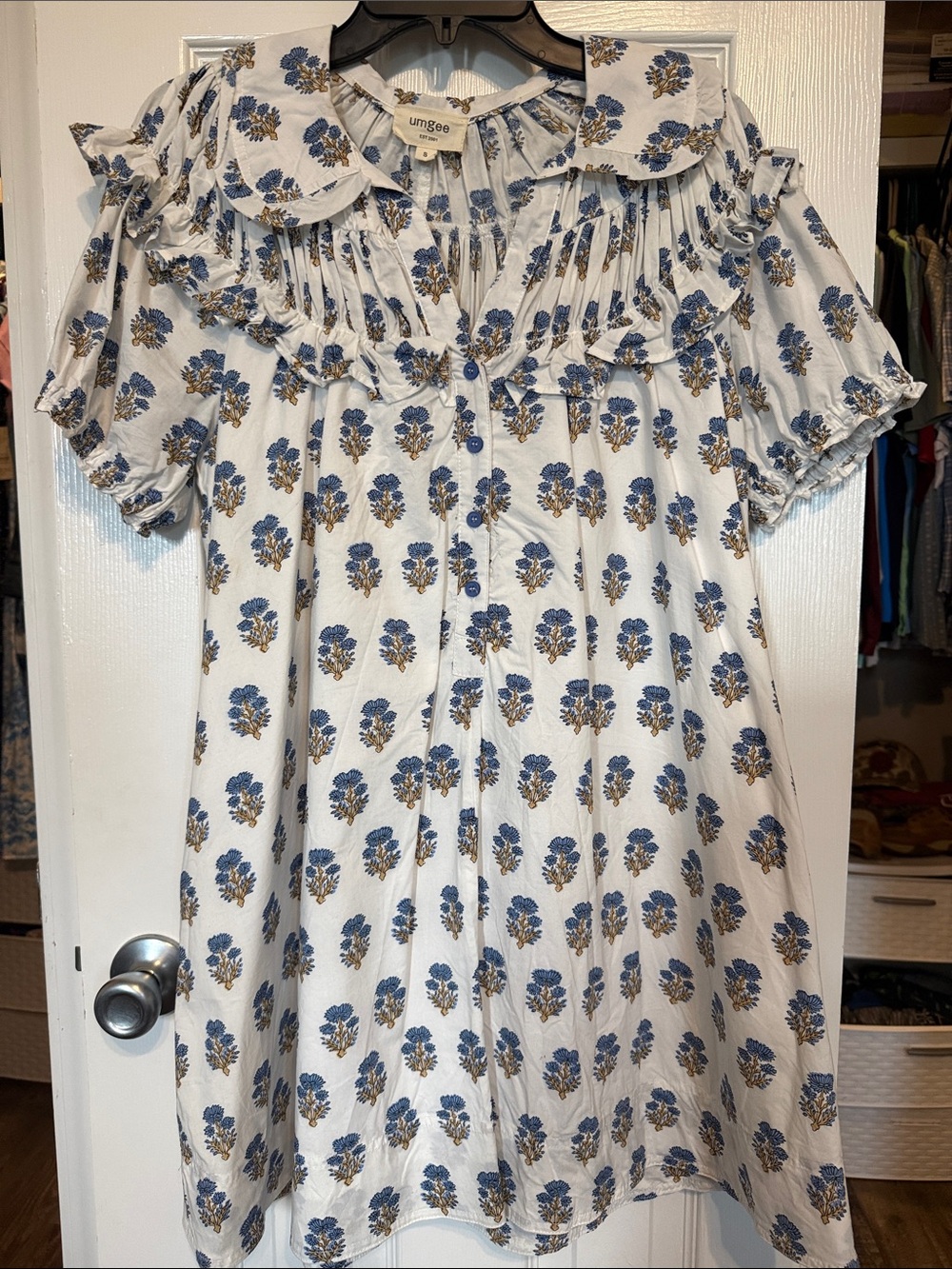 Umgee White Floral Ruffle Blouse with Blue & Gold Print - Picture 1 of 1